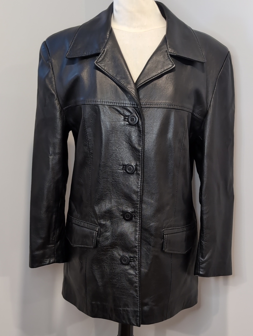 Vintage 90's Black Leather Button-Front Jacket No Size Tag